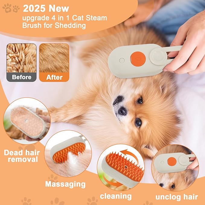 4 in 1 Cat Steam Brush 2025 New Cat and Dog Anti-Static steam Brush for Massaging,cleaning,Shedding,Grooming,Rechargeable Pet Grooming Brushes (brush white1)