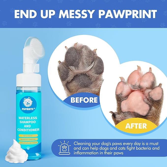 Paw Cleaner | No-Rinse Foaming Cleanser for Dogs Cats | 7 fl oz | Gentle and Safe | Pleasant Smell | Deep Clean Pet Paws | Bottle with Removable Soft Silicone Brush, 2 Bottles