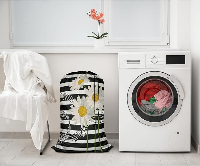 Swono Music Notes Storage Heavy Duty Basket Laundry Bag with Drawstring Daisies On Striped Bouquet Folding Organizer for Travel Washing Machine