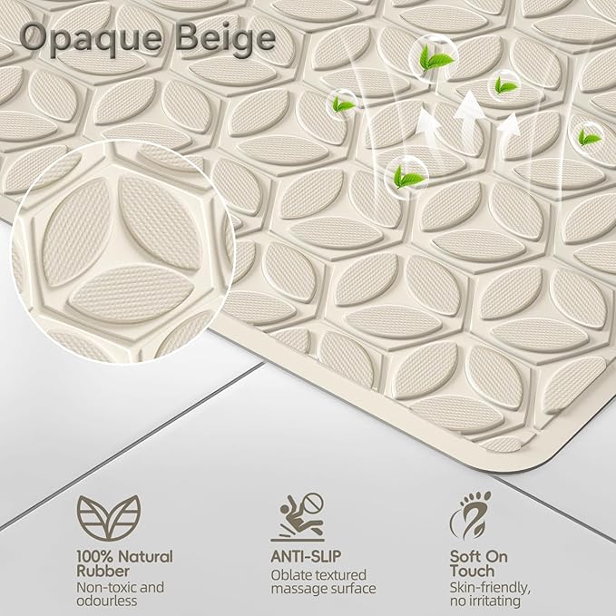 WRISIN Bathtub Mat Non Slip with Suction Cups - 100% Rubber Bathroom Mat Textured for Bath Tub Shower Safety - Soft on Touch - BPA/PVC Free - Pet Dog Bath Mat - Machine Washable - 16 × 28 Inch（Beige）