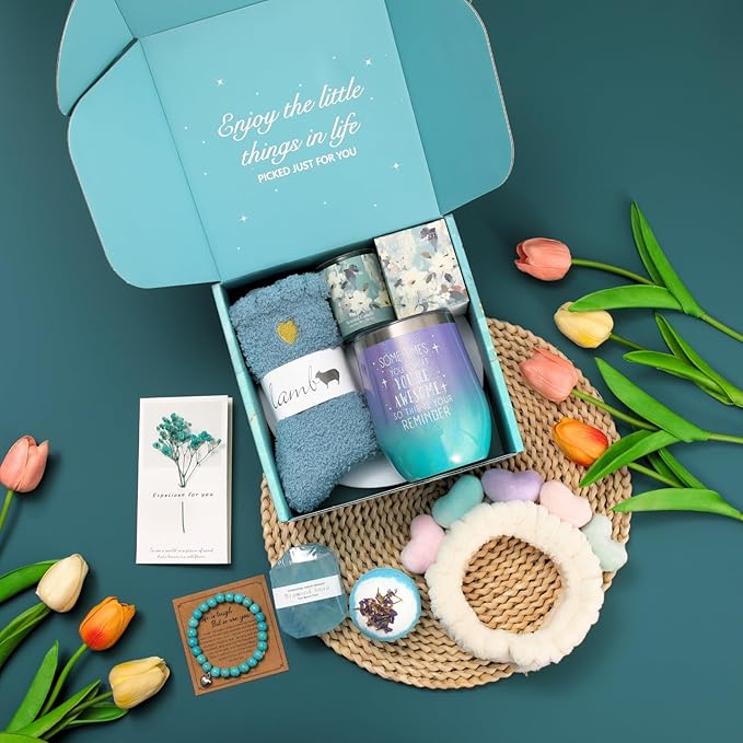 Get Well Gifts for Women, 9pc Happy Birthday Self Care Package Spa Bath Blue Gift Box for Women Who Have Everything New Mom Girl Grandma Coworkers Mother Christmas