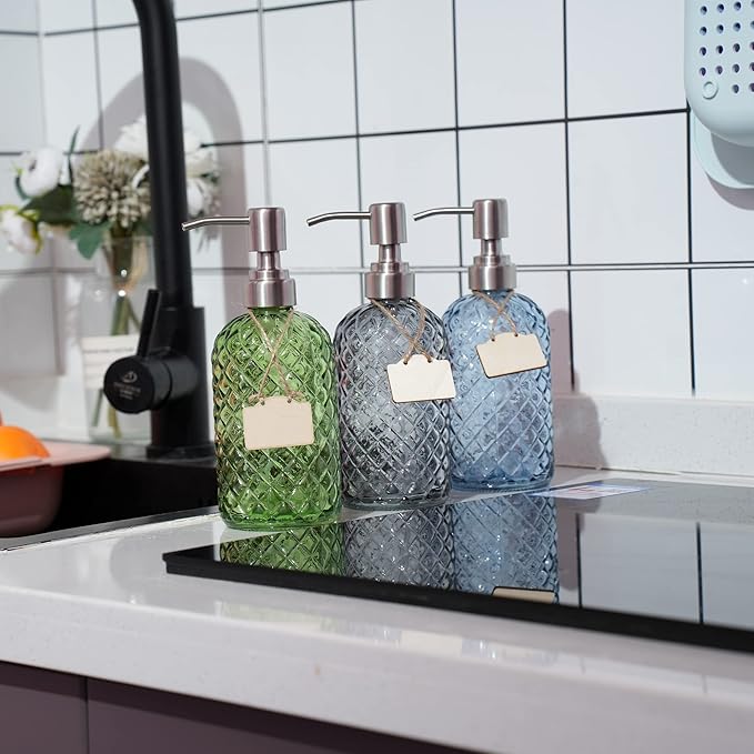 16 oz Diamond Pattern Glass Soap Dispenser, Kitchen and Bathroom Refillable Soap Dispenser with Rust Resistant Stainless Steel Pump for Hand Soap, Lotion Glass Liquid Dispenser (Grey)