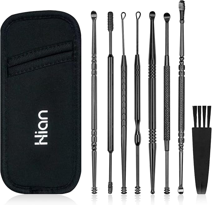 Hion 8 Pcs Ear Wax Removal Kit,Professional Double-Headed Ear Pick Earwax Removal Tools,316L Stainless Steel Ear Cleaner Curette with Cleaning Brush and Storage Box,Suit for Kid Adult(Black)
