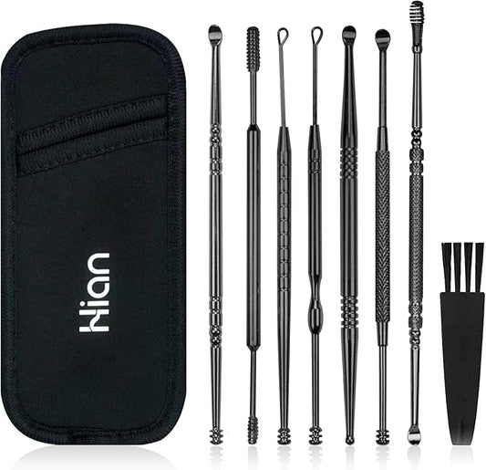 Hion 8 Pcs Ear Wax Removal Kit,Professional Double-Headed Ear Pick Earwax Removal Tools,316L Stainless Steel Ear Cleaner Curette with Cleaning Brush and Storage Box,Suit for Kid Adult(Black)