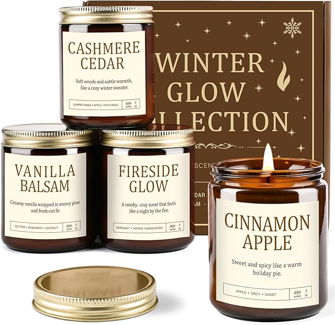 Christmas Candles Gift Set for Women - 4 Pack Scented Soy Candles with Cashmere Cedar, Fireside Glow, Cinnamon Apple & Vanilla Balsam, Long Lasting Holiday Winter Gifts for Home