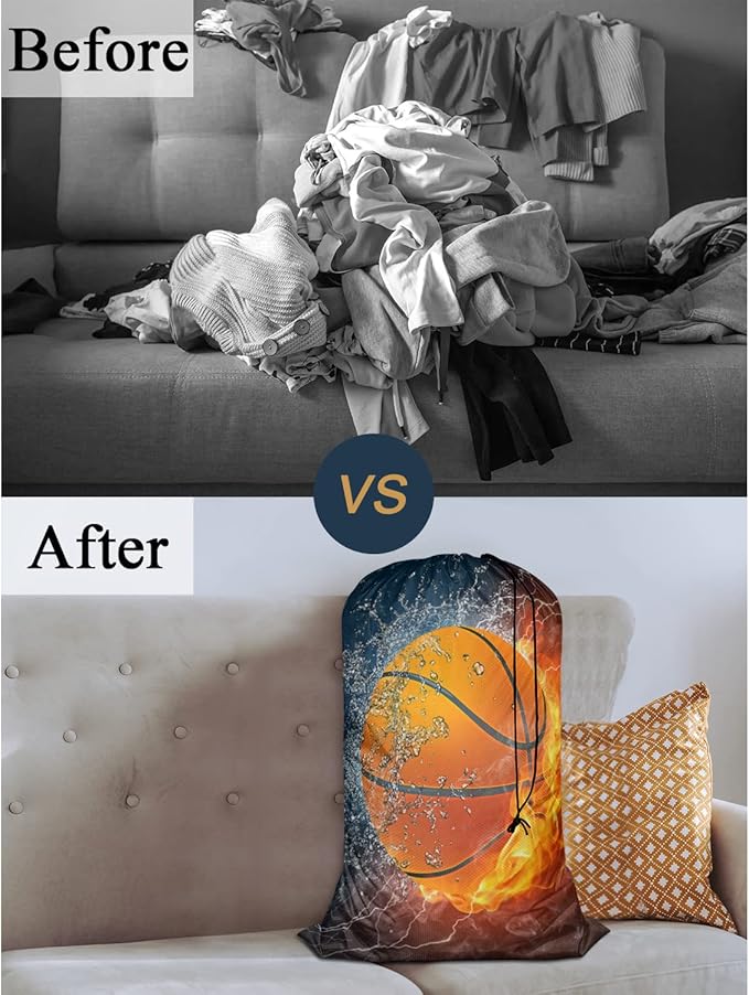 Swono Travel Laundry Bag, Basketball Ball In Fire Water Sport Spark Lightening Game Machine Washable Dirty Clothes Organizer, Large Enough to Hold 4 Loads of Laundry, Easy Fit a Laundry Hamper or