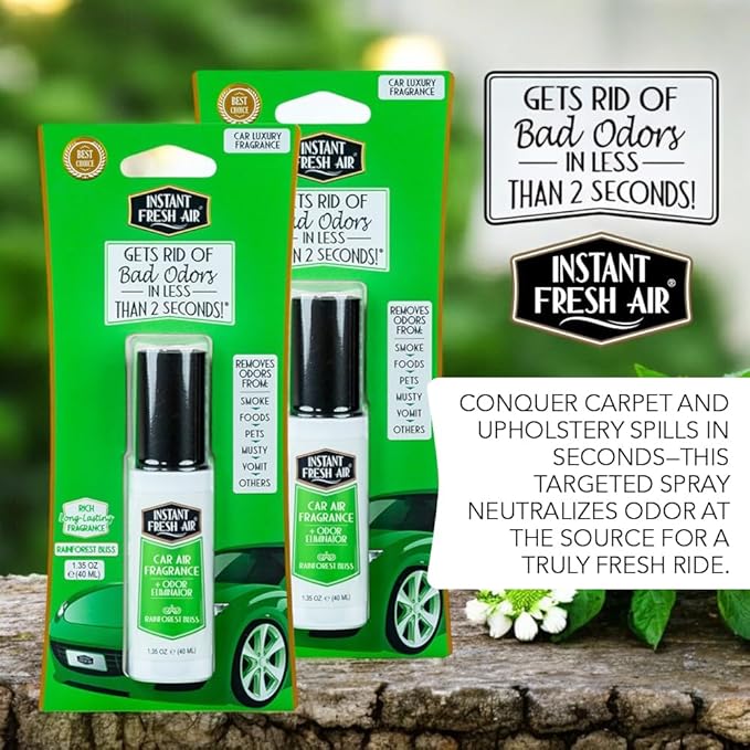 2-Pack: Dual-Action CAR AIR Freshener Rainforest Bliss -Instantly Eliminates Odors from Smoke, Food, Pets in 2 Seconds - For Commuters, Pet Owners, Rideshare Drivers 1.35 Oz. - INSTANT FRESH AIR