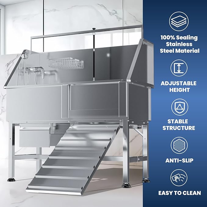46" Dog Washing Station, Professional Stainless Steel Dog Bathtub w/Ramp & Storage Drawer, Adjustable Grate, Non-Slip Design, Home Grooming & Large Dogs (Right Ramp)