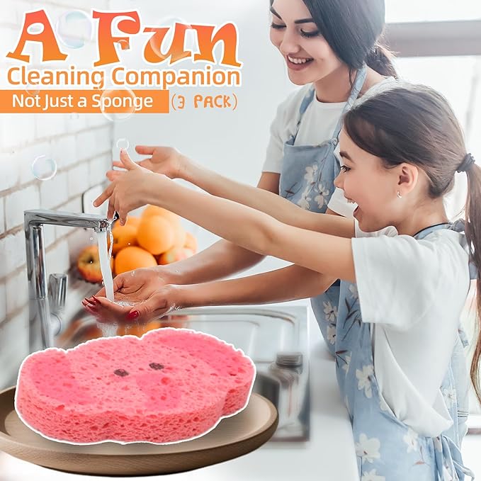 3 Pcs Cute Compressed Wood Pulp Cotton Sponges,Elephant Animal-Shaped Reusable and Highly Absorbent for Dishwashing, Kitchen Surfaces, and Bathroom Cleaning