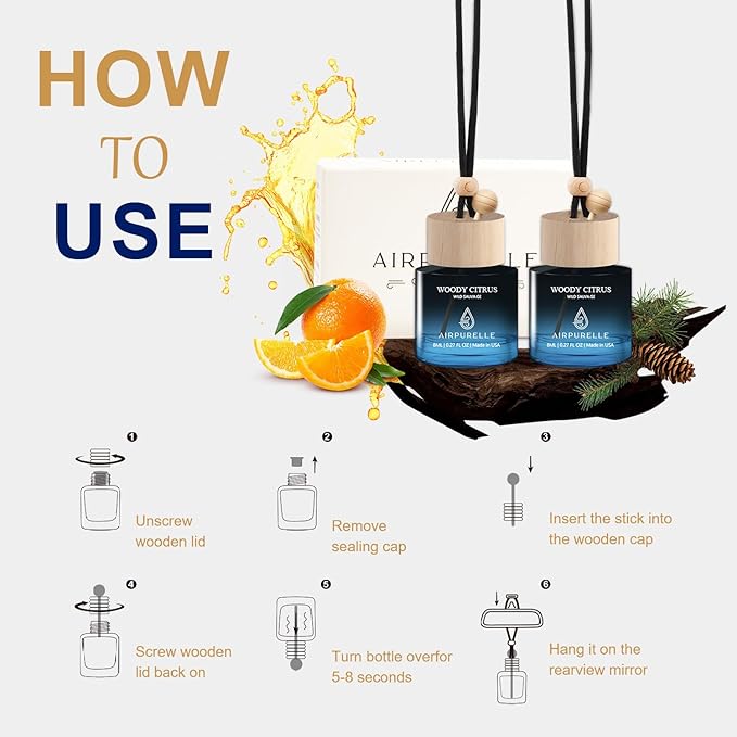 Car Air Freshener Hanging 2 Pack A ir Fresheners Diffuser - Woody Citrus Fragrance Oil Air Diffuser for Car, 45+ days Long Lasting Fragrance, Two 0.27 FL OZ/8ML Made in USA