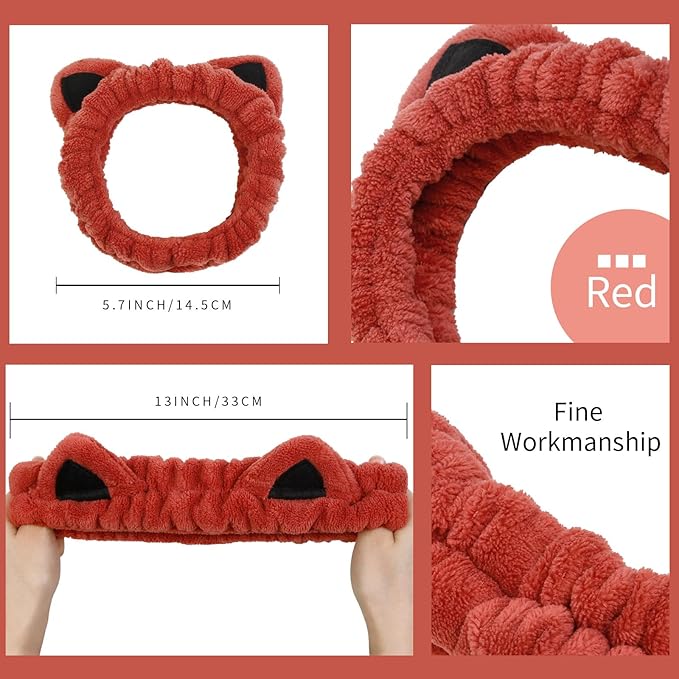 Huachi 2 Packs Cute Cat Spa Headband for Washing Face Makeup Skincare, Animal Headbands for Women Girls Trendy Stuff Gifts Soft Coral Fleece Facial Wash Hair Accessories (Blue + Red)