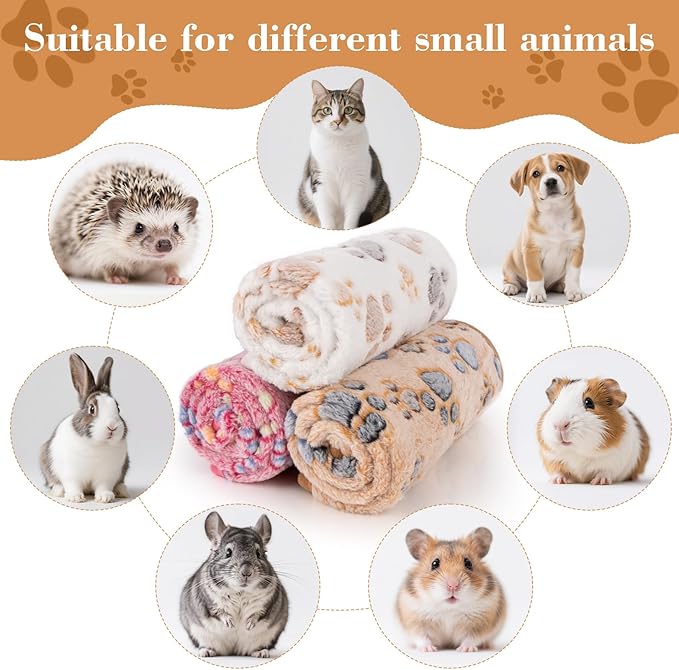 Guinea Pig Fleece Blanket 3PCS Waterproof Puppy Blankets for Small Dogs Guinea Pig Cage Liner Washable Pee Pads for Pet Rabbit Hamster Ferret Chinchilla （Paw Print 3 Color） 23.6 X 15.7 Inch