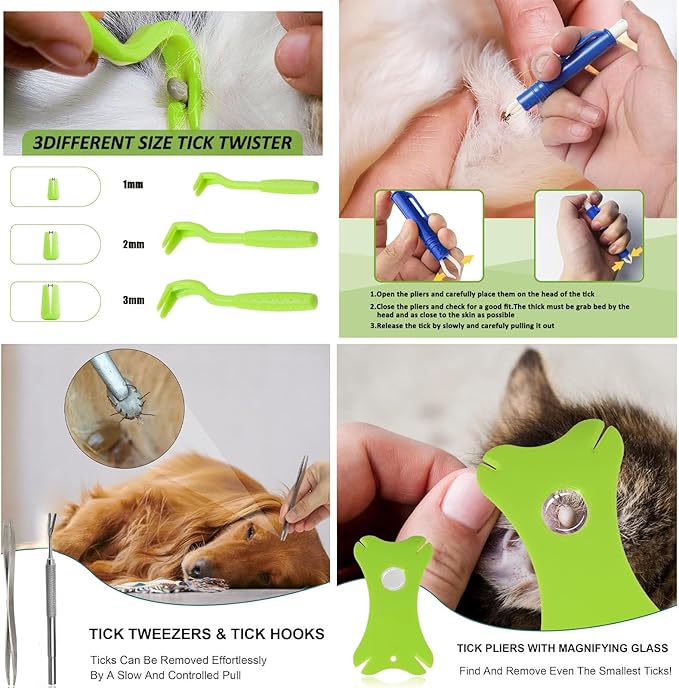 Tick Removal Tool Kit 8 in 1 for Dogs Cats with Storage Box,Safe & Easy, Effective,Stainless Steel Metal Grooming Flea Comb and Tick Tweezers,with Magnifying Glass for Humans and Pets