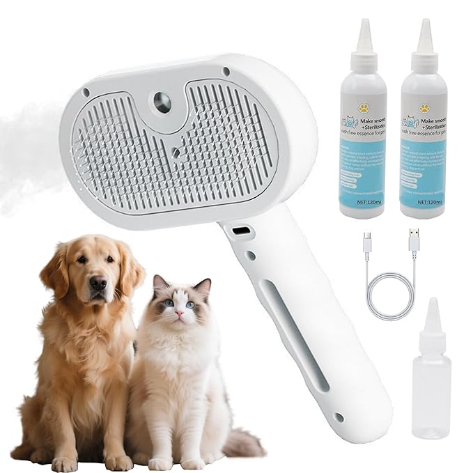 Pet Steam Brush for Dogs & Cats - 2-in-1 Deshedding & Detangling Tool with Steam Spray, Anti-Static Grooming Brush for Long/Short Haired Pets, Waterless Cleaning & Massage(White)
