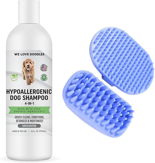 We Love Doodles Hypoallergenic Dog Shampoo, Conditioner & Detangler and Pet Bath Brush - Organic Ingredients, Sensitive Skin & Allergies, Made in USA, Grooming Brush for Shower Scrubbing & Soothing