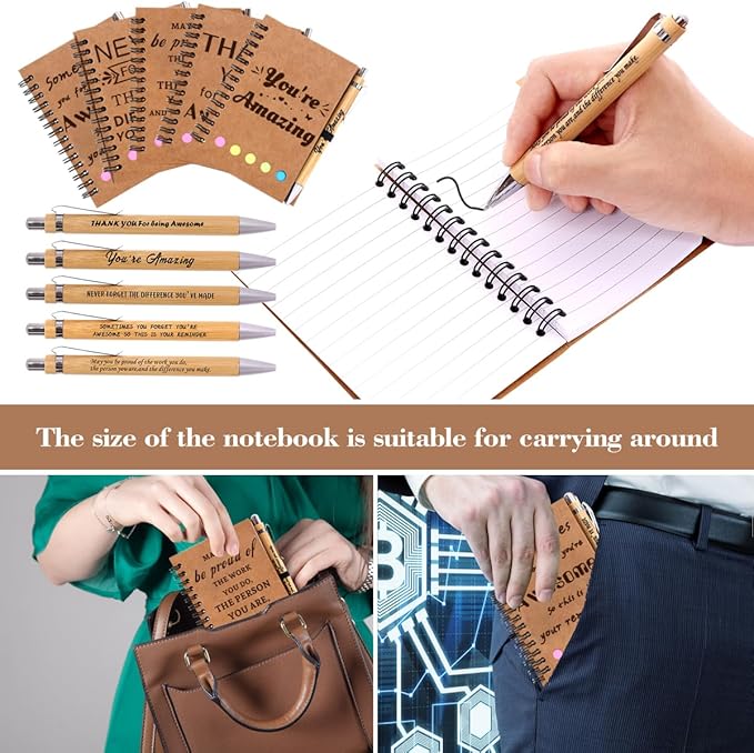 30 Sets Employee Appreciation Gifts Bulk Team College Graduate Thank You Gifts Inspirational Spiral Notebook with Sticky Note Motivational Bamboo Ballpoint Pens for Nurse Teacher Employees Coworker