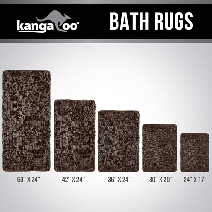 KANGAROO Bathroom Rugs, Chenille Soft Absorbent Bath Rug, Shaggy Shower Mat, Quick Dry Machine Wash Bathmat, Plush Carpet Mats for Tub, Bathtub and Room Home Decor Accessories, 30x20, Brown