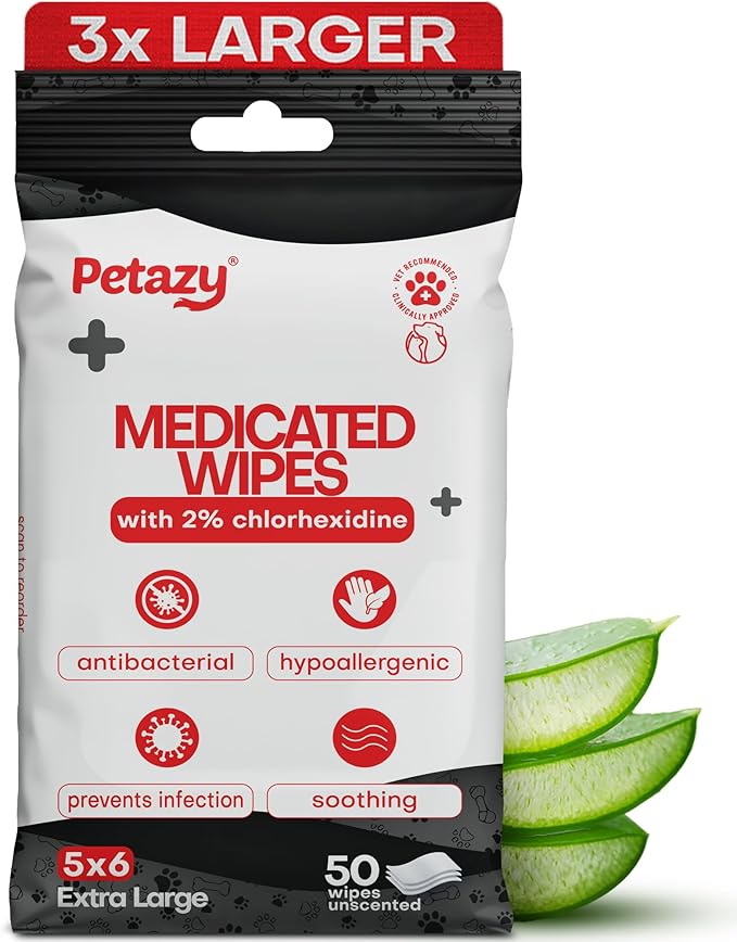 2% Chlorhexidine Wipes for Dogs 3X Larger | Yeast Infection Ringworm Fungus Hot Spot Itch Relief | Medicated Antibacterial Antifungal Gentle Soothing Topical Wipes for Dog Cat | 50 Wipes 5x6