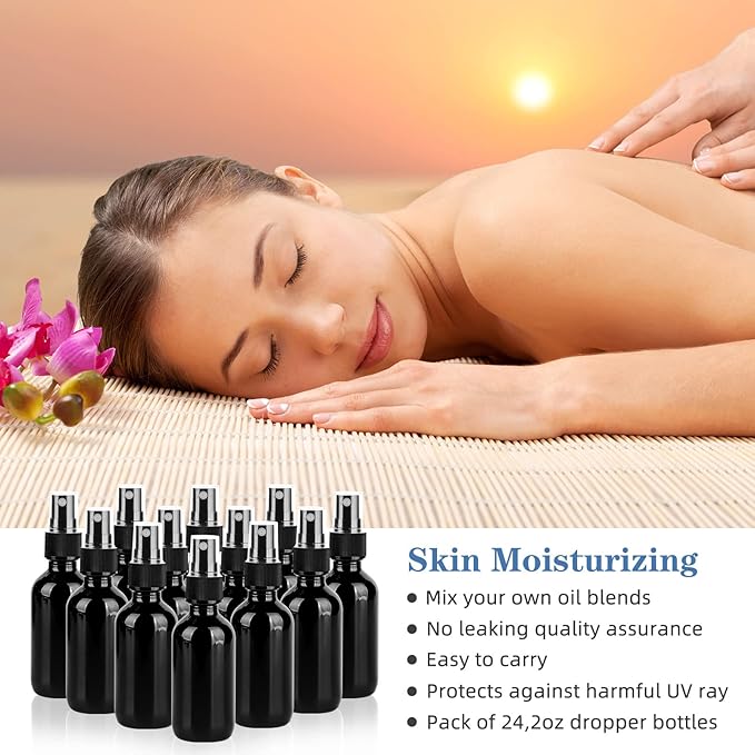 2oz Glass Spray Bottle, Fine Mist Boston Glass Bottles with Black Fine Mist Sprayer Small Clear Bottles for Essential Oils, Bath, Beauty, Hair & Cleaning, UV Black, Pack of 24