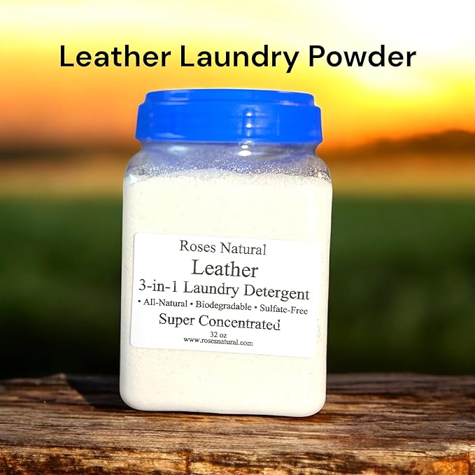 3-in-1 Leather-Scented Laundry Detergent Powder, 32 OZ, Natural, Plant-Based Formula, Cleans, Softens & Deodorizes – 64 Loads, HE Safe, Sulfate-Free, Made in the USA