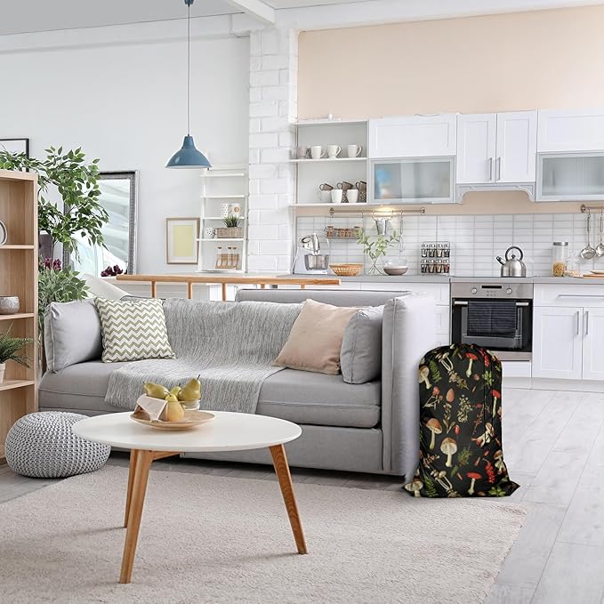 Swono Mushrooms Laundry Bag Drawstring Closure Fall Jungle Theme Floral Cherry Exotic Botanical Plant Heavy Duty Laundry Portable for College Dorm Room Essentials for Travel Camp