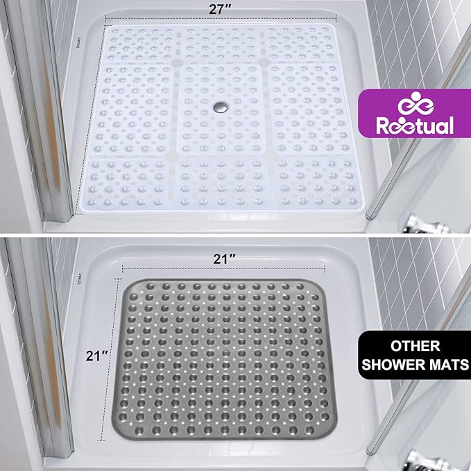 Reetual XL Shower Mat Non Slip - 27x27 Bath Mat for Shower Stall or Large Bathtub Mat with 240 Powerful Suction Cups and Drain Holes. Black Shower Mats for Bathroom (Clear Mat)