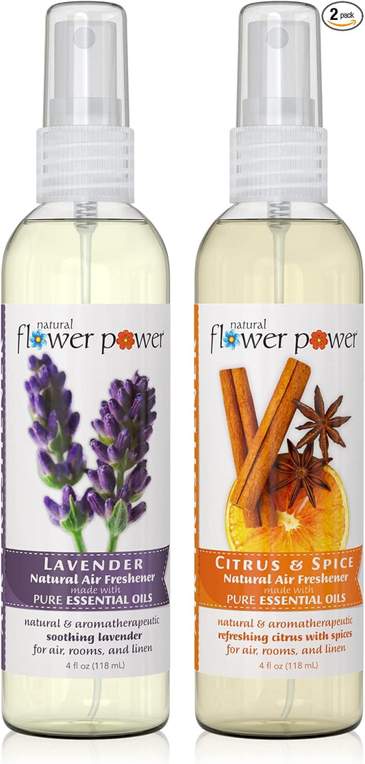 Natural Flower Power Air Freshener Spray - Odor Eliminator with Essential Oils for the Home, Car & Fabric - Cruelty Free & Vegan - 2 Pack with Lavender and Citrus & Spice - 2 x 4 oz