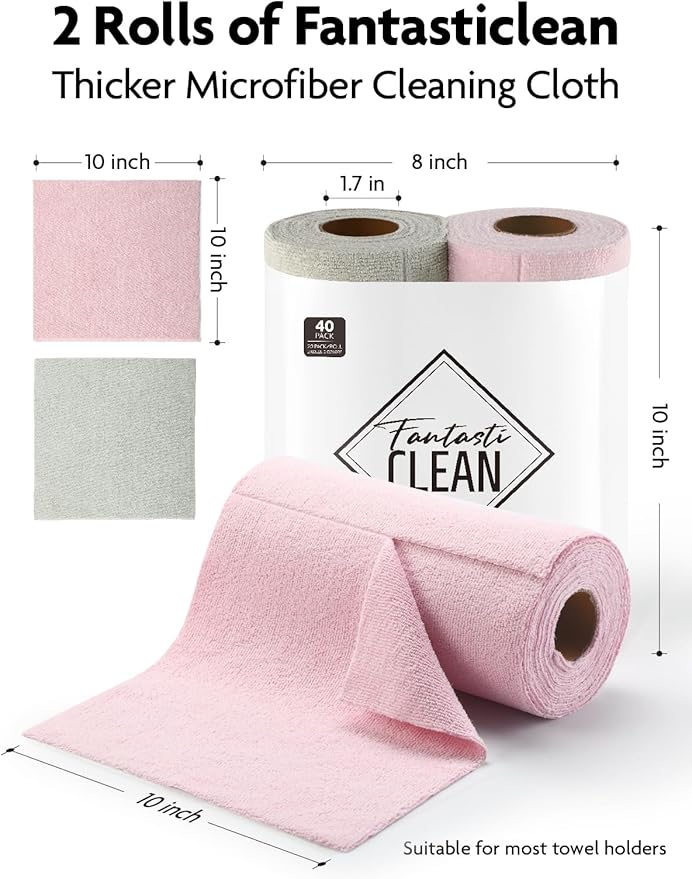 Fantasticlean Tear-Away Dish Cloth - 40 Sheets - 10'' by 10'', Reusable Washable Kitchen Towel Rolls, Super Absorbent and Thick Microfiber Cleaning Cloths (2 Rolls of Pink and Grayish)