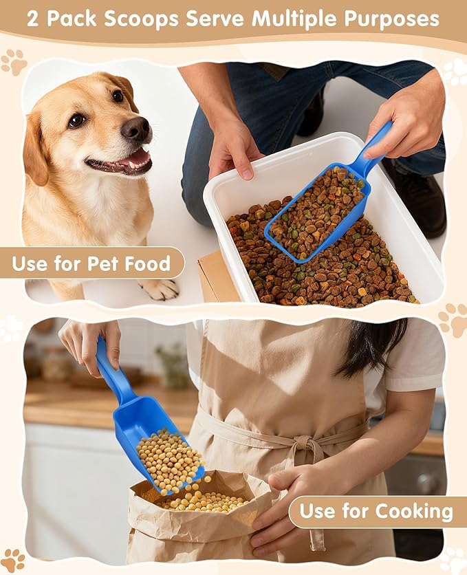 2-Pack Dog Food Scoop 1 Cup, Plastic Pet Food Measuring Scoop With Measuring Lines (1/2 & 1 Cup Markings) for Dogs, Cats, Fish, Bird（Black and Blue)