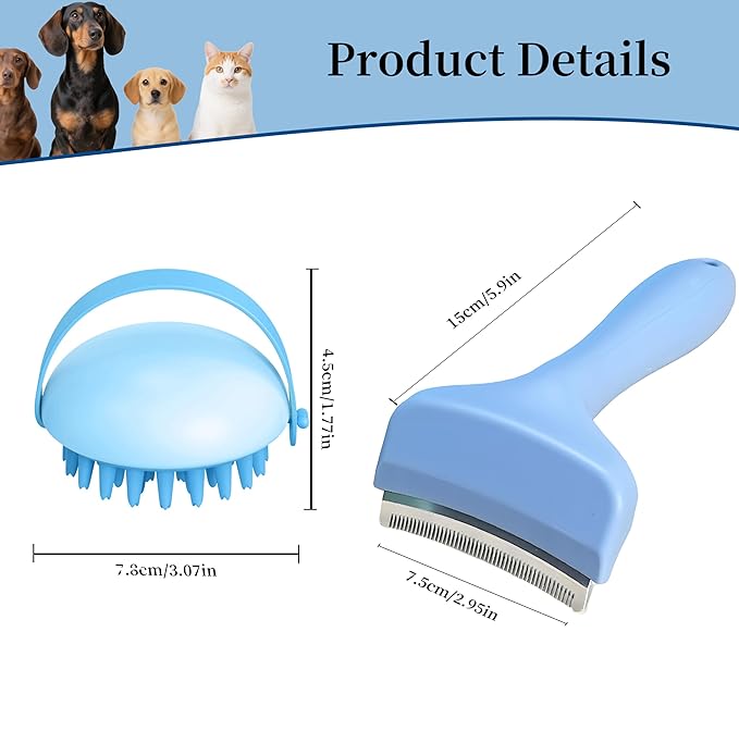 2 Pack Pet Grooming Set, Short Teeth Stainless Steel Deshedding Brush for Short-Haired Dogs and Soft Silicone Circular Bath Brush, Efficient Fur Removal and Gentle Cleaning (Blue, Small)