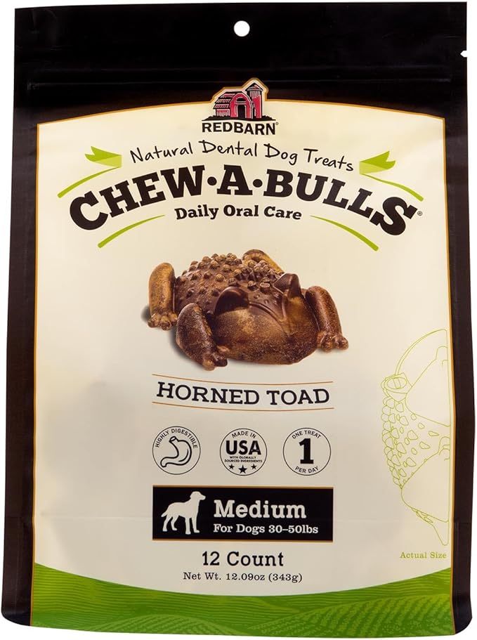 Redbarn Chew-A-Bulls, 12 Pack – Medium Toad Shape Dog Dental Treats – Daily Oral Care with Fun Ridges & Grooves, All Natural Ingredients, Highly Digestible Chews & Low in Fat