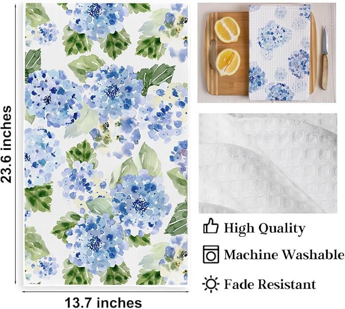 4 Pcs Watercolor Blue Hydrangea Kitchen Towels, Spring Summer Decorative Absorbent Microfiber Dish Cloth Tea Towel, Waffle Soft Hand Towels for Farmhouse Home Kitchen