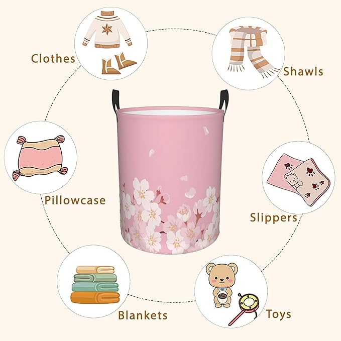 Japanese Cherry Blossom,Pink Flowers Laundry Basket,Waterproof Foldable Laundry Hamper,Dirty Clothes Laundry Basket, Linen Bin Storage Organizer for Toy Collection 16" x 20"