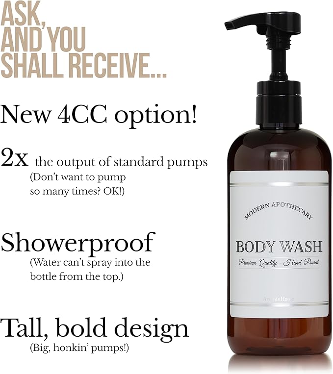 Refillable Amber PET Plastic 16 oz Body Wash Bottle with High Output Black Plastic Pump Dispenser - Chrome Accent Waterproof Labeled Bottle