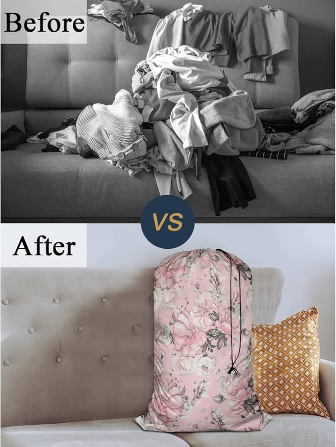 Swono Watercolor Flowers Extra Large Laundry Bag with Drawstring Closure 28"x40", Floral Peonies Rose Leaves Petal Romantic for Home, Dorm and Apartment Dwellers, Pink