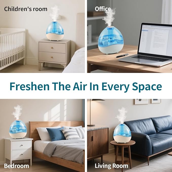 1.5L Cool Mist Humidifier for Bedroom with 360° Adjustable Nozzle, Quiet Ultrasonic Air Humidifier For Babies Nursery, Office, Indoor Plants, Auto-Shut Off,Light-Off,High and Low Mist Levels