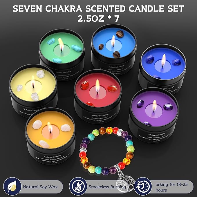 7 Chakra Crystal Candles with Healing Stones & Bracelets - Scented Meditation Candles for Stress Relief, Spiritual Decor, Yoga & Cleansing