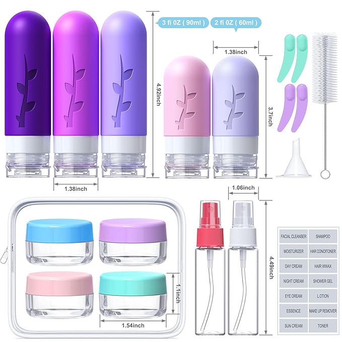 19 Pack travel Bottles for Toiletries, Silicone TSA Approved Travel Size Containers for toiletries Leak Proof Refillable Travel Accessories for Shampoo Conditioner Lotion