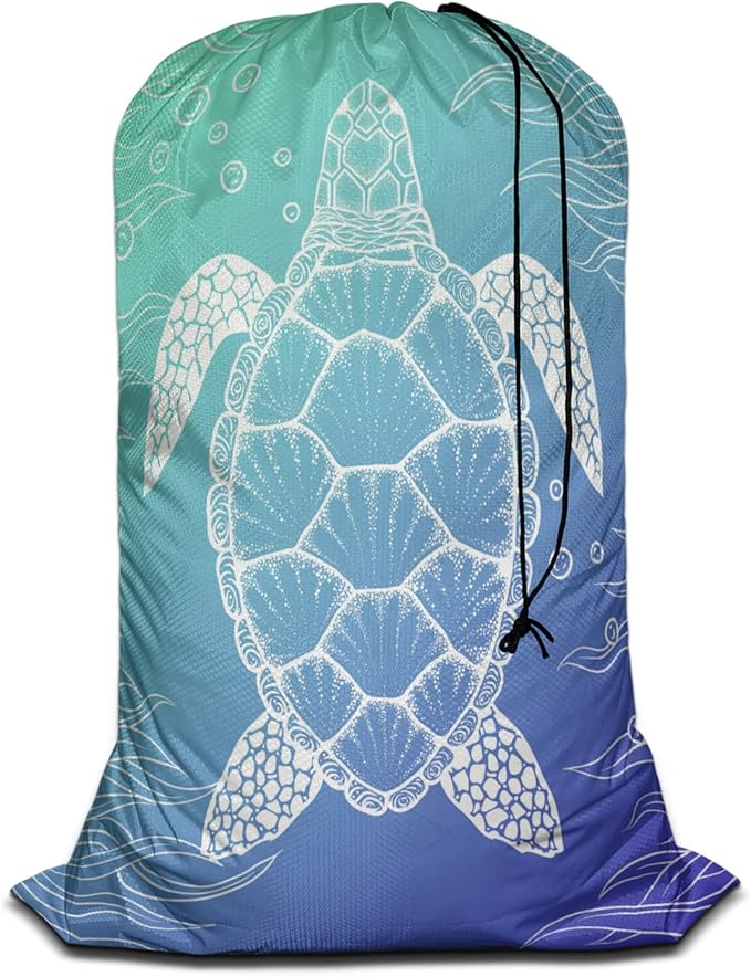 Swono Sea Turtle Laundry Bags for Travel, Home, Camping and Gym Water Bubble Seaweed Sea Life Laundry Hamper Basket 28" x 40", Football Grid Oxford Cloth