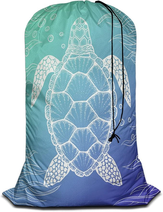 Swono Sea Turtle Laundry Bags for Travel, Home, Camping and Gym Water Bubble Seaweed Sea Life Laundry Hamper Basket 28" x 40", Football Grid Oxford Cloth