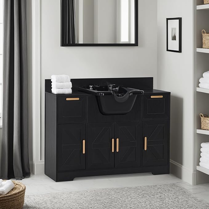 BarberPub Portable Shampoo Station, Shampoo Bowl with Cabinet & Drawer, Salon Geometric Finish Station with Sprayer Faucet, Barber Storage Equipment with Hair Wash Backwash Sink 3439 (Black)