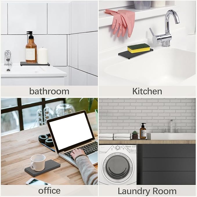 2 Pcs Water Absorbing Stone Trays, Kitchen/Bathroom Sink Soap Dish, Diatomite Tray Used for Hand Soap & Cosmetic Bottles in The Modern Home, 4" W x 8.3" L, Dark Gray