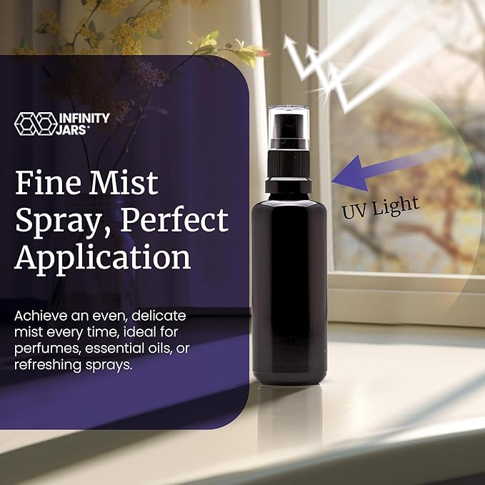 Infinity Jars 50 Ml (1.7 fl oz) Black Ultraviolet Glass Fine Mist Spray Bottle Cleaning Products Refillable Containers Homemade Perfume Blends Room, Sprays Bath Beauty Hair, Screw Top Bottles