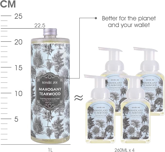 ROMIIE ZOI Foaming Hand Soap Refill Gift Set – Teakwood Scent – 3 Pack (1000ML Each) with Dispenser – Gentle & Moisturizing Plant-Based Formula – Bulk Refill Bottles for Bathroom & Kitchen Use