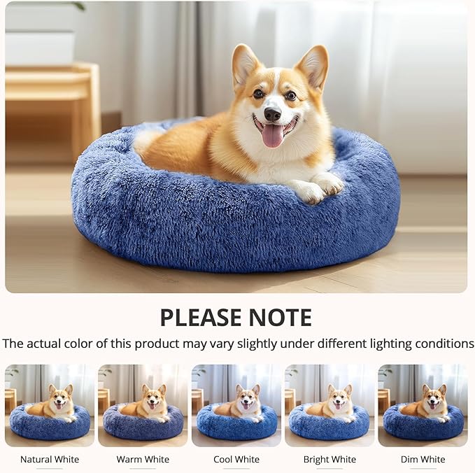 JOLLYVOGUE Small Dog & Cat Beds for Indoor Cats, Donut Cuddler Warming Soft Dog Beds with Anti-Slip Bottom, Round Calming Fluffy Plush Faux Fur Cushion Bed for Small Dogs (23", Navy Blue)