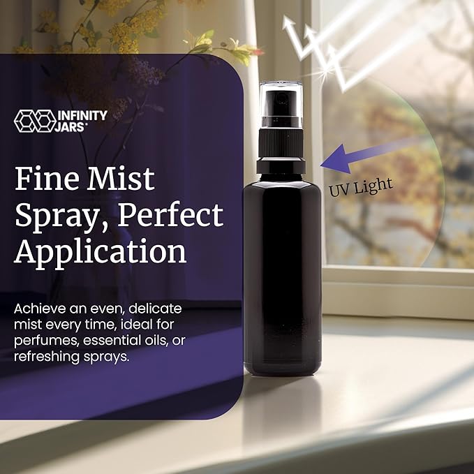 Infinity Jars 100 Ml (3.4 fl oz) Black Ultraviolet Glass Fine Mist Spray Bottle Cleaning Products Refillable Containers Homemade Perfume Blends Room, Sprays Bath Beauty Hair, Screw Top Bottles