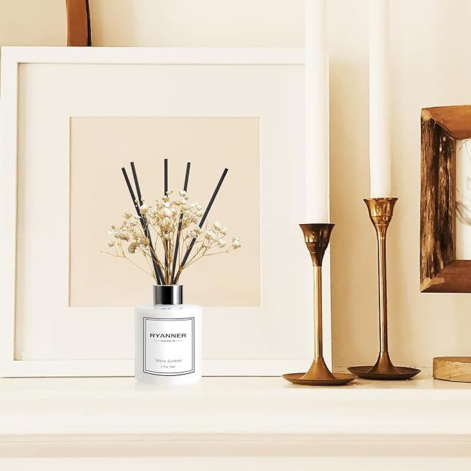 Flower Reed Diffuser Set,5.1 fl oz White Jasmine Scent Diffuser with Sticks Home Fragrance Reed Diffuser with Essential Oil for Bathroom Shelf Decor&Air Freshener,Home Bathroom Office Decor