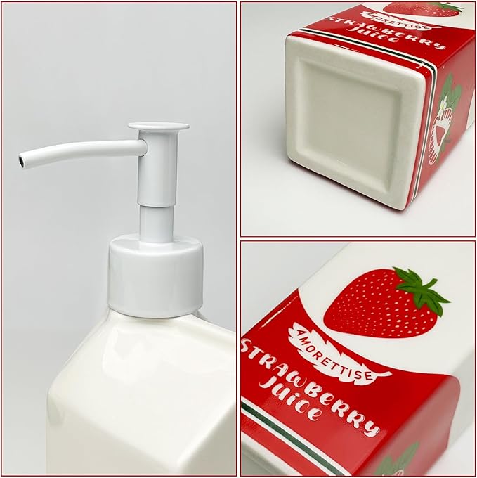 Ceramic Strawberry Juice Bottle Soap Dispenser, Refillable Lotion Bottle for Bathroom Kitchen Dish Soap (Strawberry)