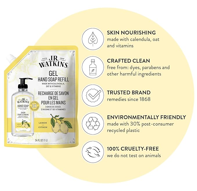 J.R. Watkins Gel Hand Soap Refill, Moisturizing Hand Wash, Formulated with Plant-Based Cleansers, Alcohol-Free, Cruelty-Free, Lemon, 34 Fl Oz, 2 Pack