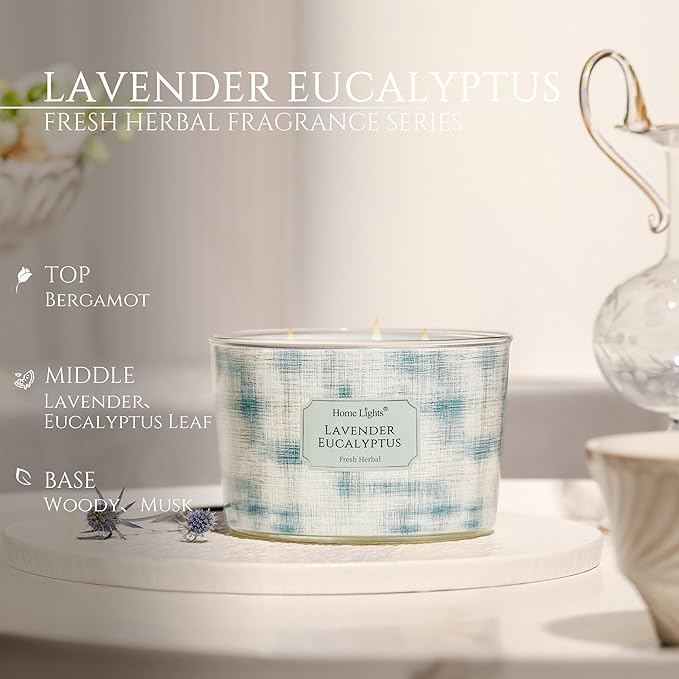 HomeLights Soy Wax Candles for Home Scented, 4-Wick Candles in Lavender Eucalyptus Scented, Aromatherapy Candles Gift for Parties, Relaxing, Scandinavian Minimalist Design, 18oz